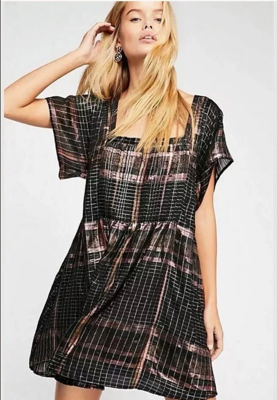 Free People Metallic Plaid Mini Dress Womens XS Black Barcelona Boho Festival